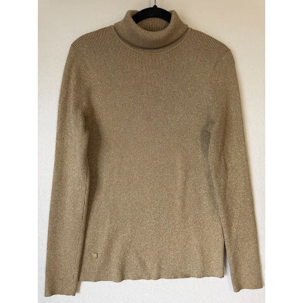 Lauren‎ Ralph Lauren Sweater Women XL Gold Shimmer Ribbed Knit Turtle Neck Logo